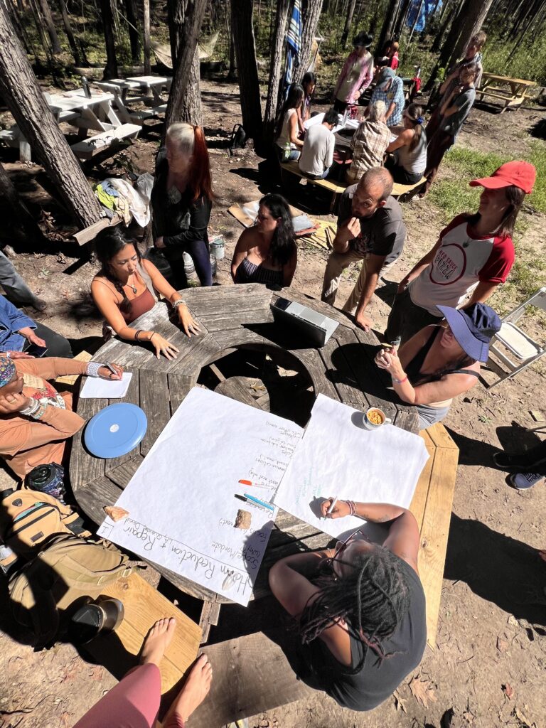 People sitting at a table discussing their Harm Reduction Working Group at the Convergence for Intentional Communities